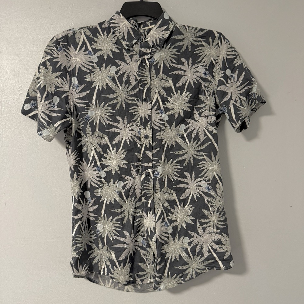 14th Union Trim Fit Shirt Mens S Gray Blue Palm Trees Pineapples Cotton Linen